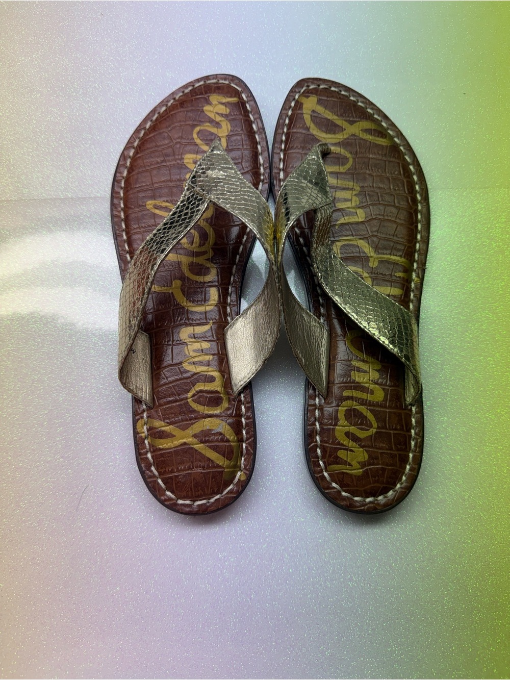 Metallic Leather Flip Flop Sandals - Brown Footbed